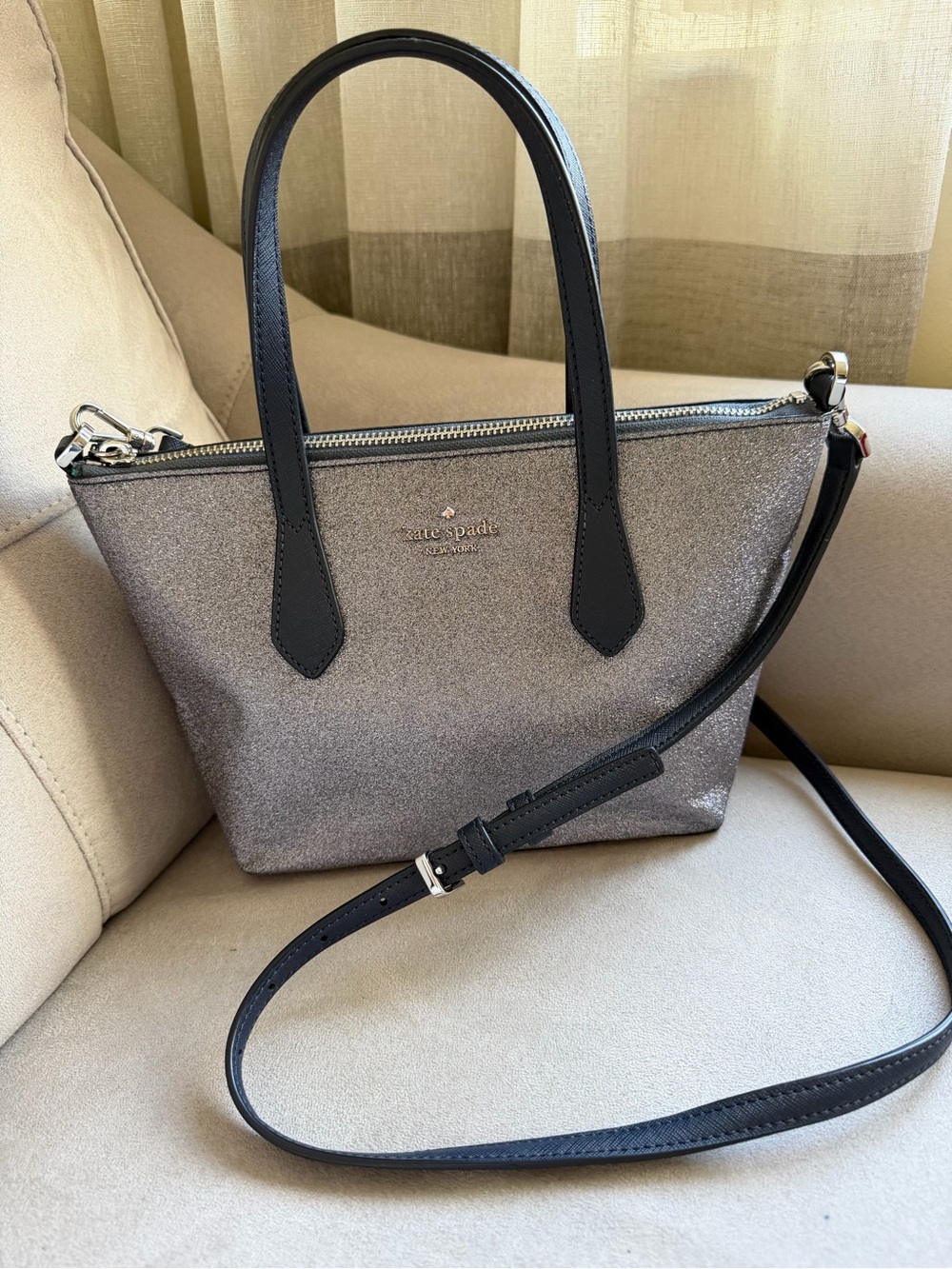 kate spade Metallic Silver Tote with Black Trim